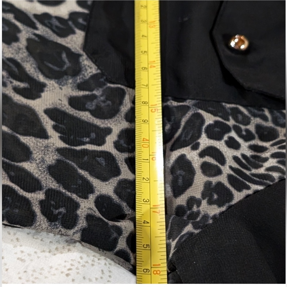 Adara sheer chiffon cheetah print black/grey/lime buttonup mandarin collar top - Picture 4 of 5